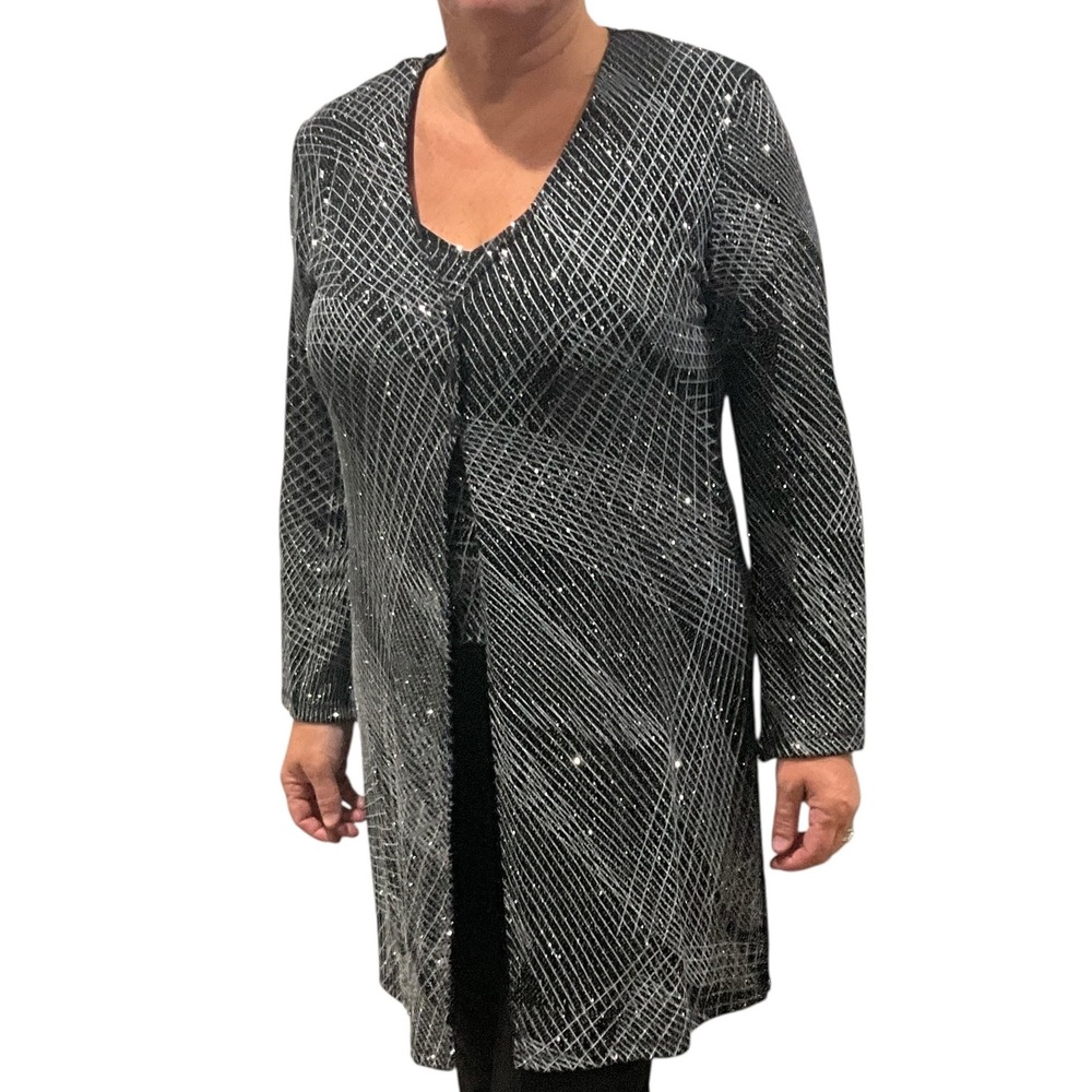 RABBIT DESIGNS‎ Women Black Silver Sparkle Rhinestone Geometric Print Jacket Set